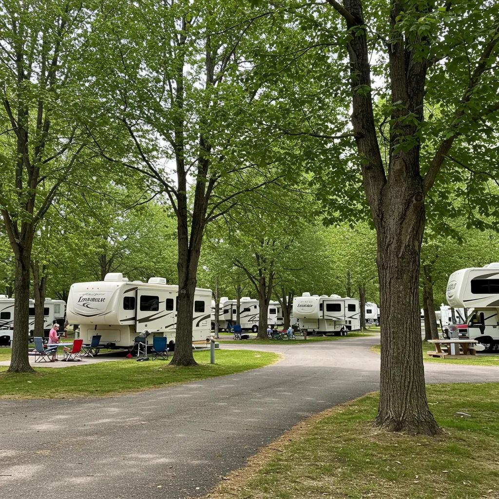 Scenic view of a well-maintained RV park with families enjoying the outdoors