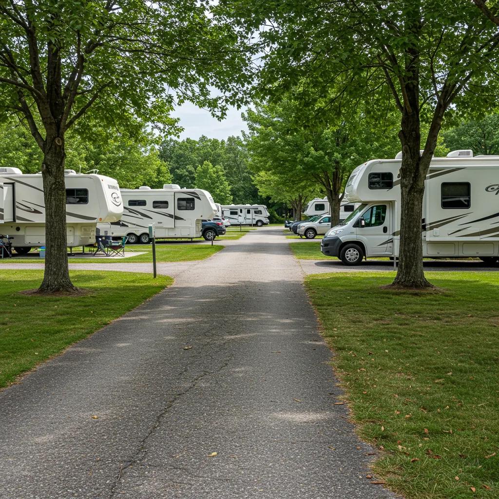 Scenic view of a well-maintained RV park with inviting campsites and lush greenery