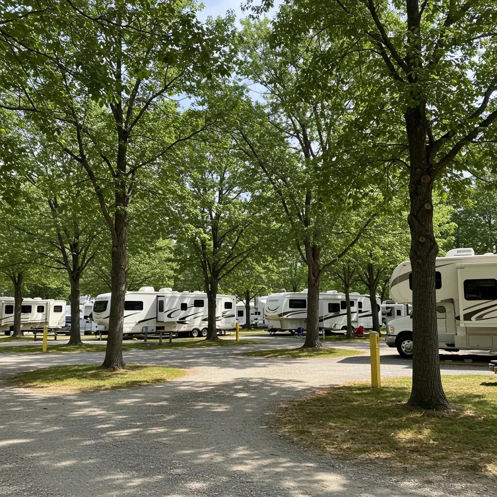 Scenic view of a well-maintained RV park with lush greenery and clear blue skies