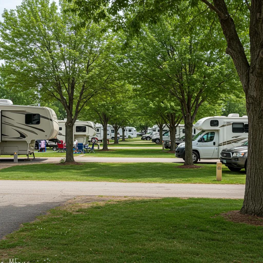 Scenic view of a well-maintained RV park with lush greenery and inviting campsites