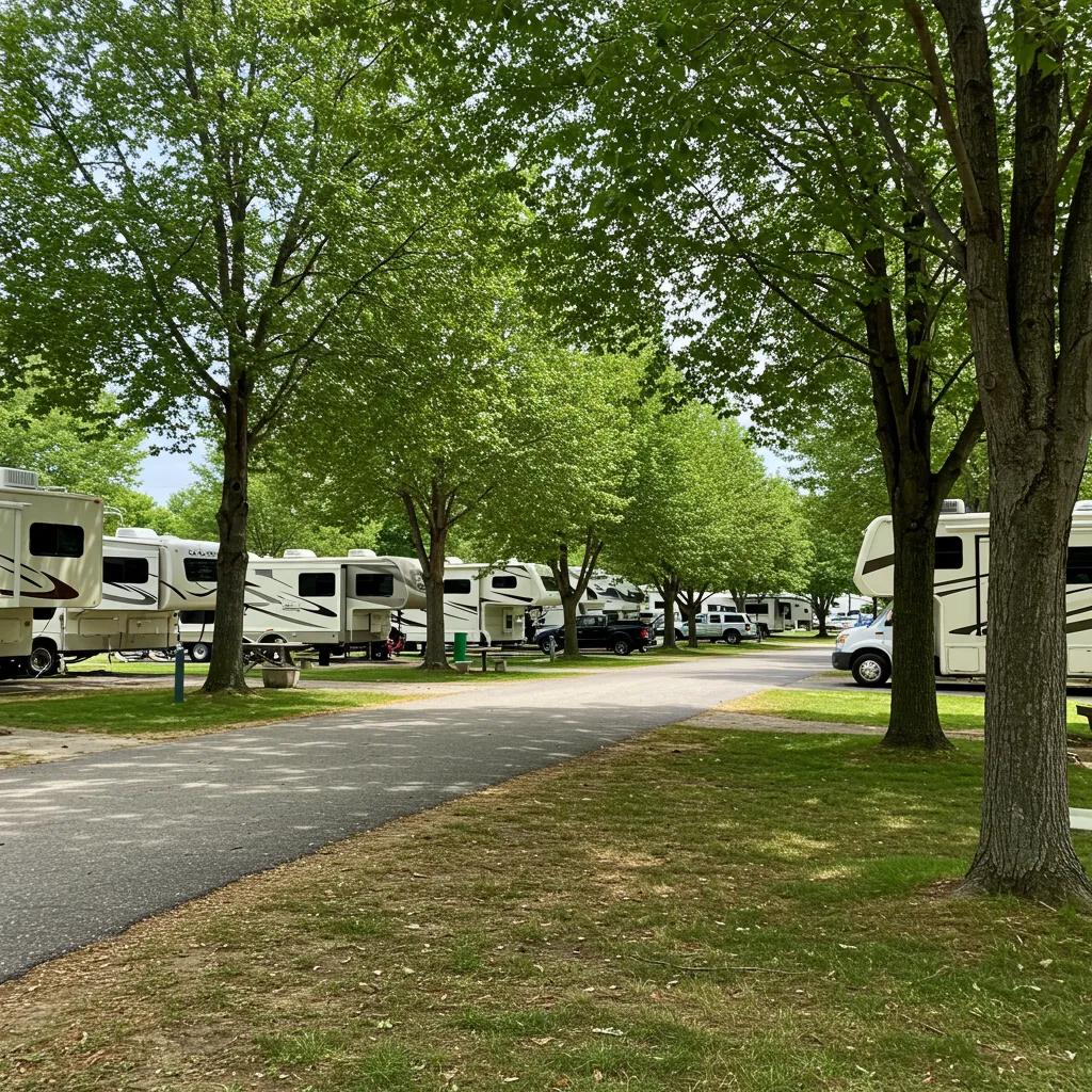 Scenic view of a well-maintained RV park with lush greenery and parked RVs