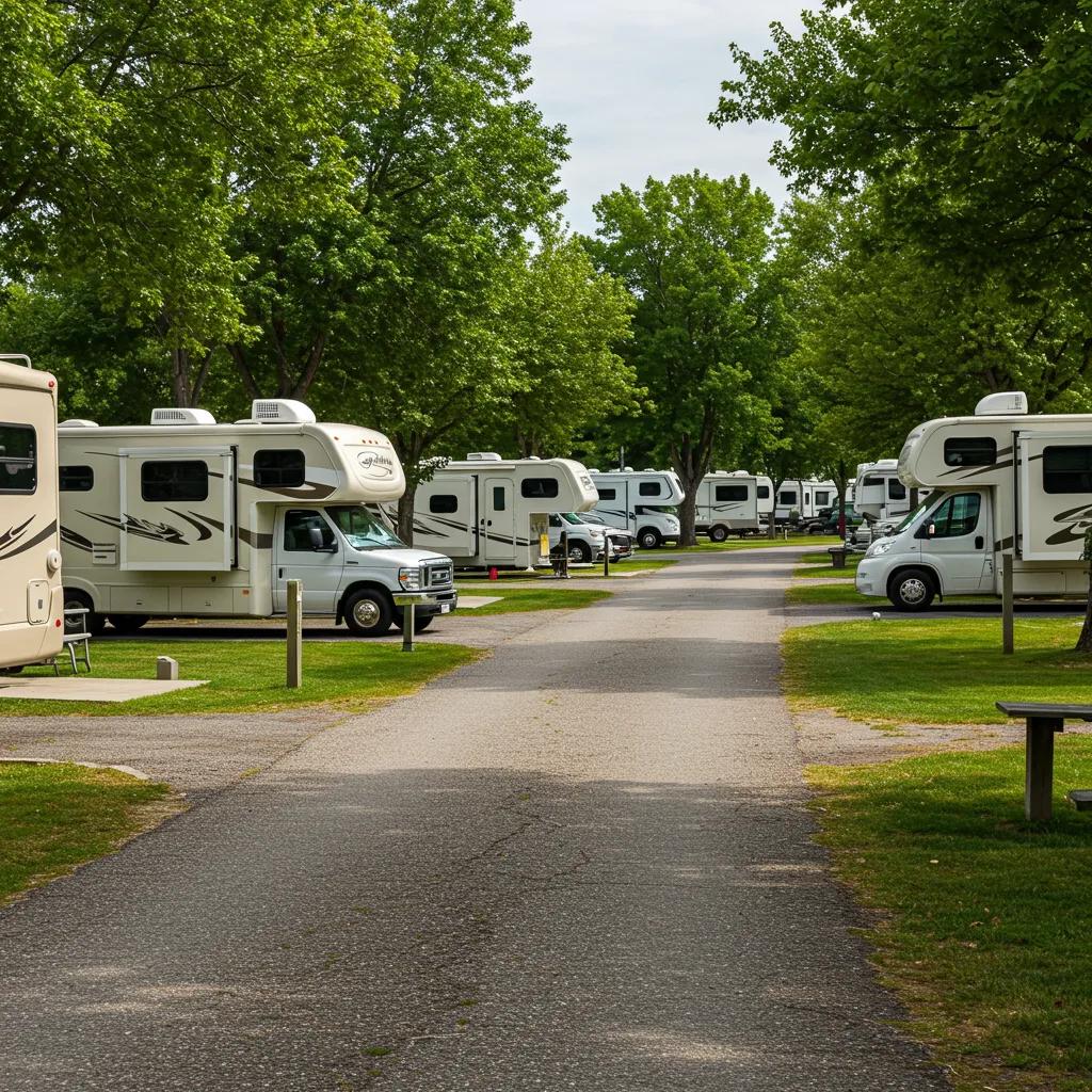 Scenic view of a well-maintained RV park with RVs and greenery