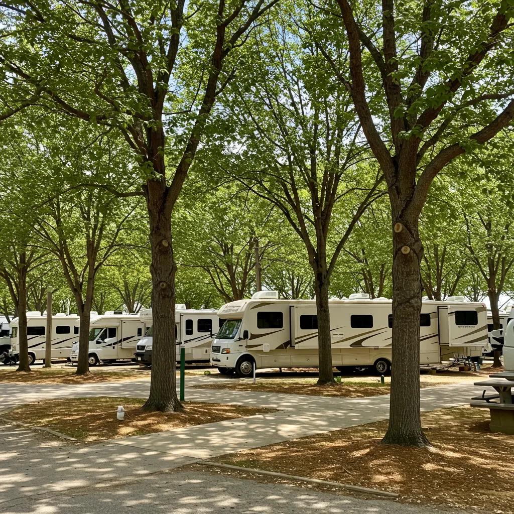 Scenic view of a well-maintained RV park with RVs under trees, representing outdoor recreation and community
