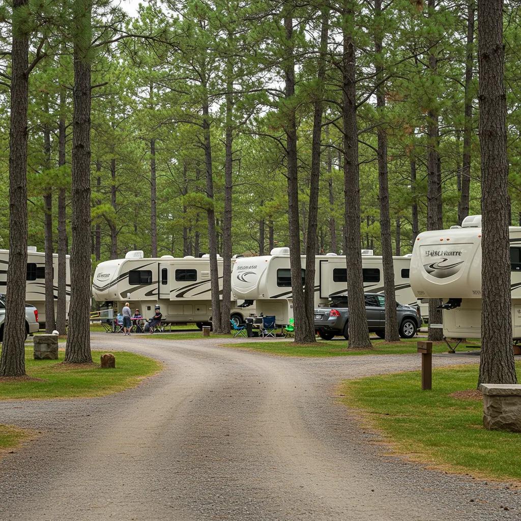 Scenic view of a well-maintained RV resort with families enjoying outdoor activities