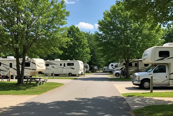 Scenic view of a well-maintained RV resort with lush greenery and inviting RV sites