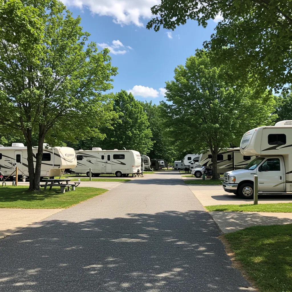Scenic view of a well-maintained RV resort with lush greenery and inviting RV sites