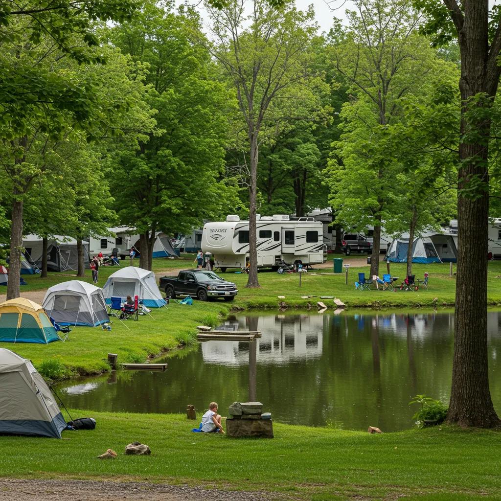 Scenic view of an Ohio campground with families camping and enjoying outdoor activities