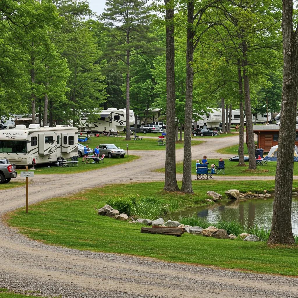 Scenic view of an Ohio campground with RVs, tents, and cabins surrounded by nature