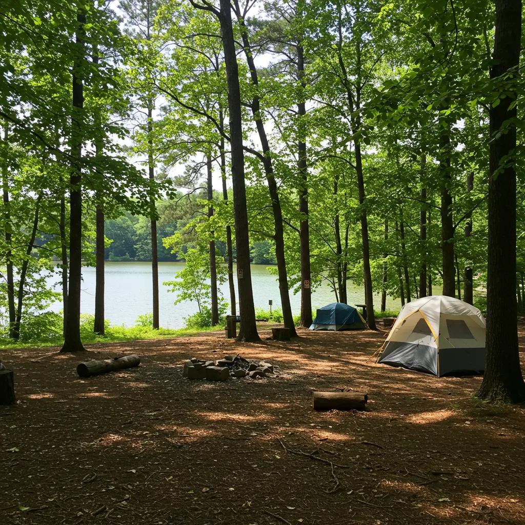 Scenic view of an Ohio State Park campground with a tent by a tranquil lake surrounded by trees