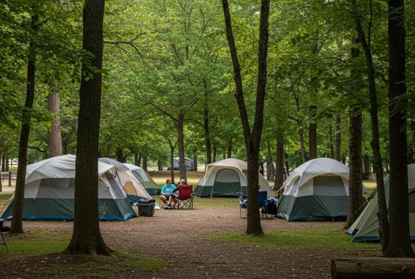 Secluded campsite in Ohio park with family enjoying nature