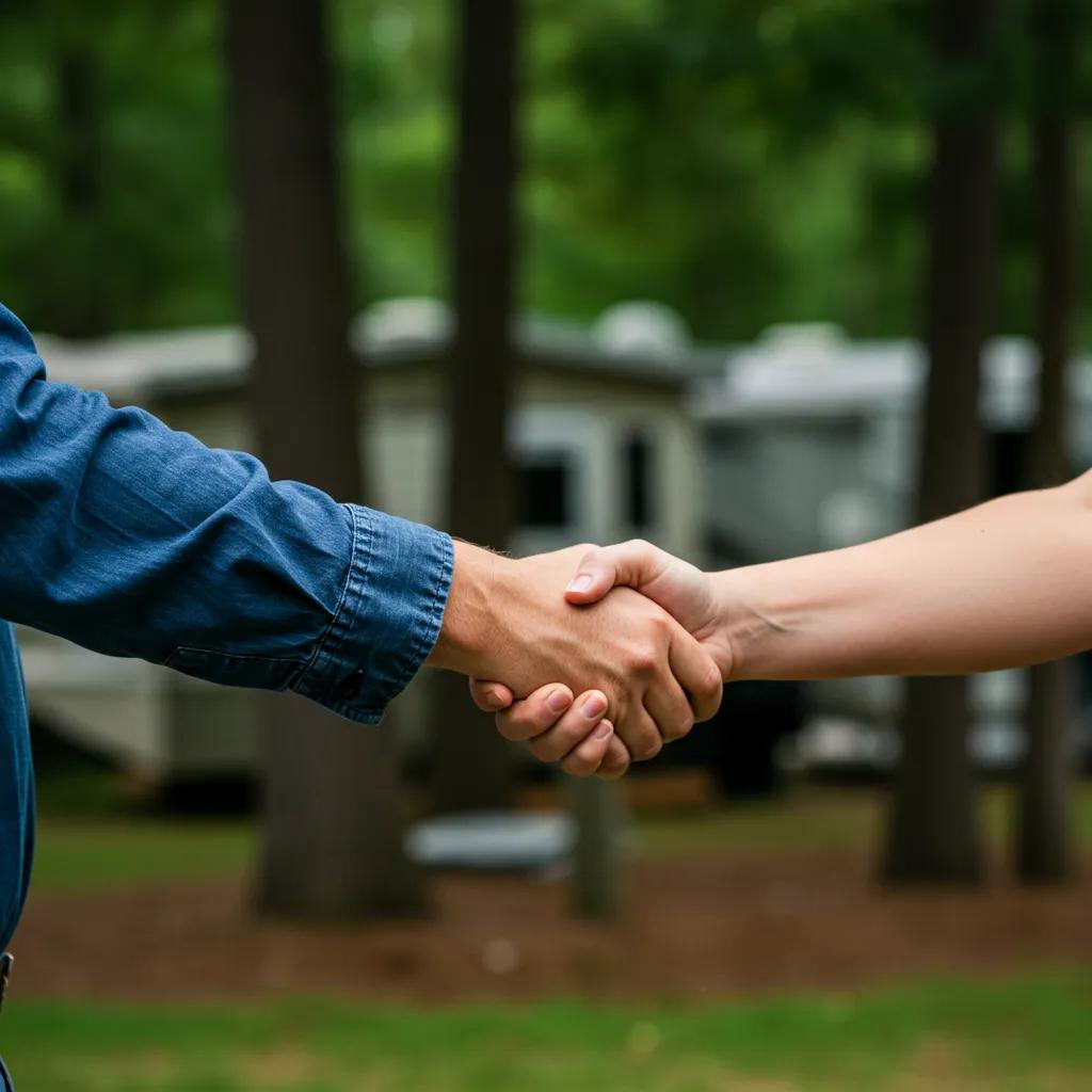Seller shaking hands with campground acquisition representative outdoors