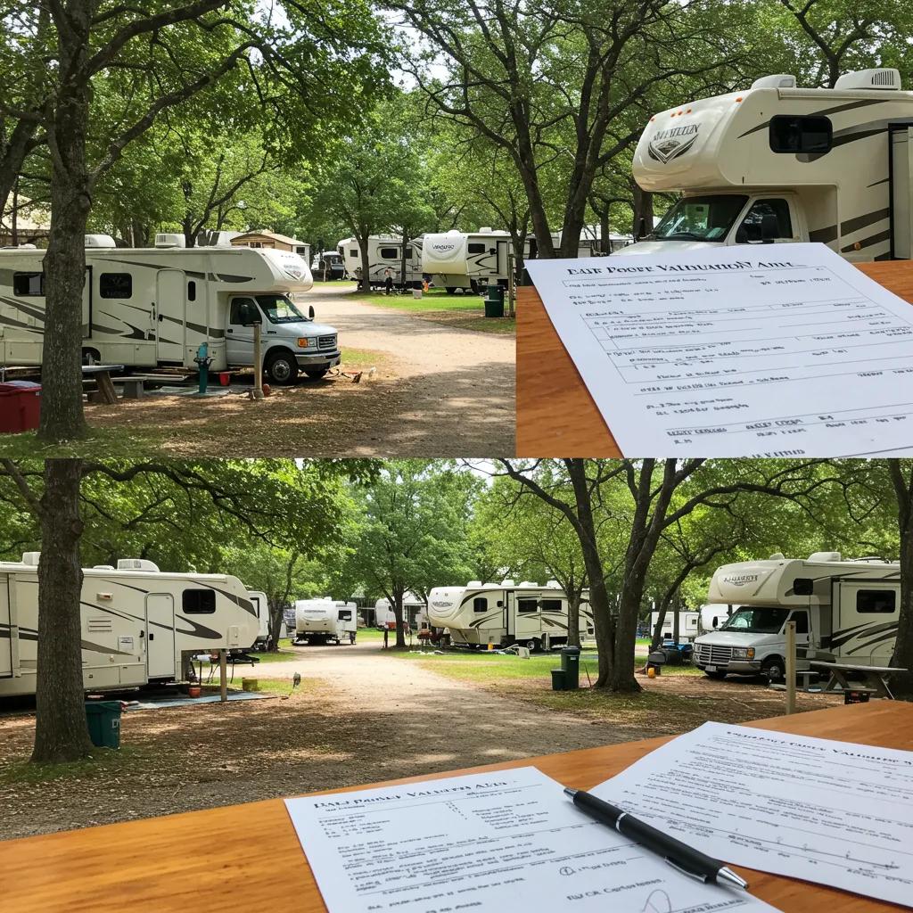 Serene RV park setting highlighting valuation aspects with financial documents and RVs