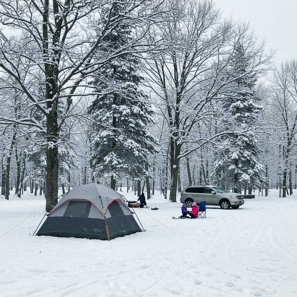 A snow-dusted campsite in Ohio during winter, featuring a tent and a family enjoying the crisp air