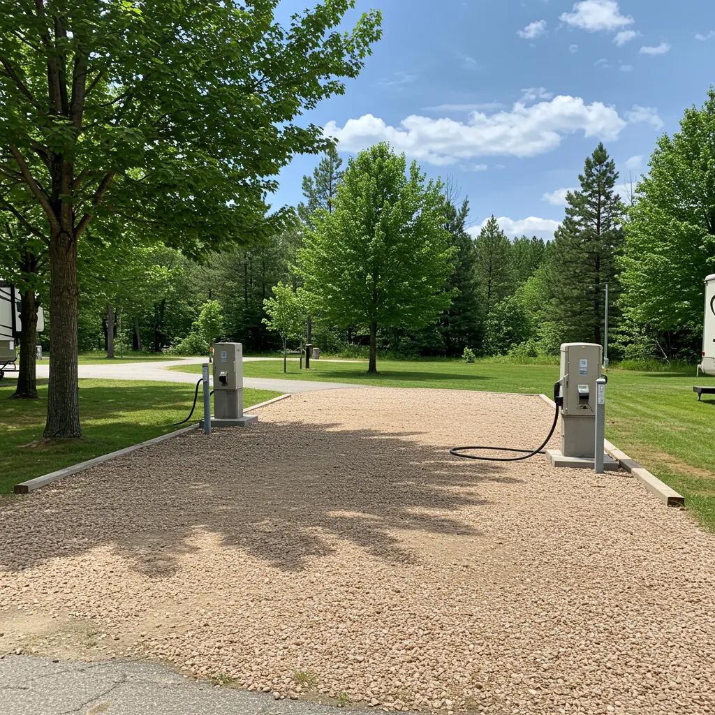 Spacious RV site with full hookups in an Ohio state park, featuring electrical and water connections