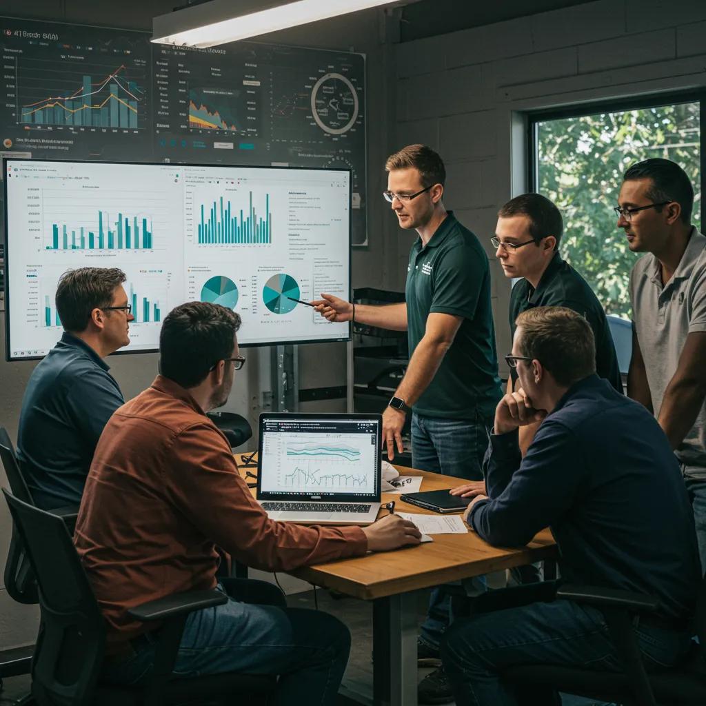 Team of acquisition professionals discussing campground sales strategies in a modern office setting