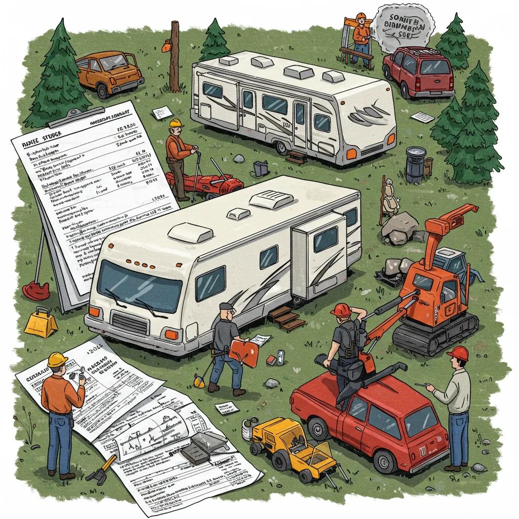 Team preparing an RV park for sale with financial documents and maintenance work