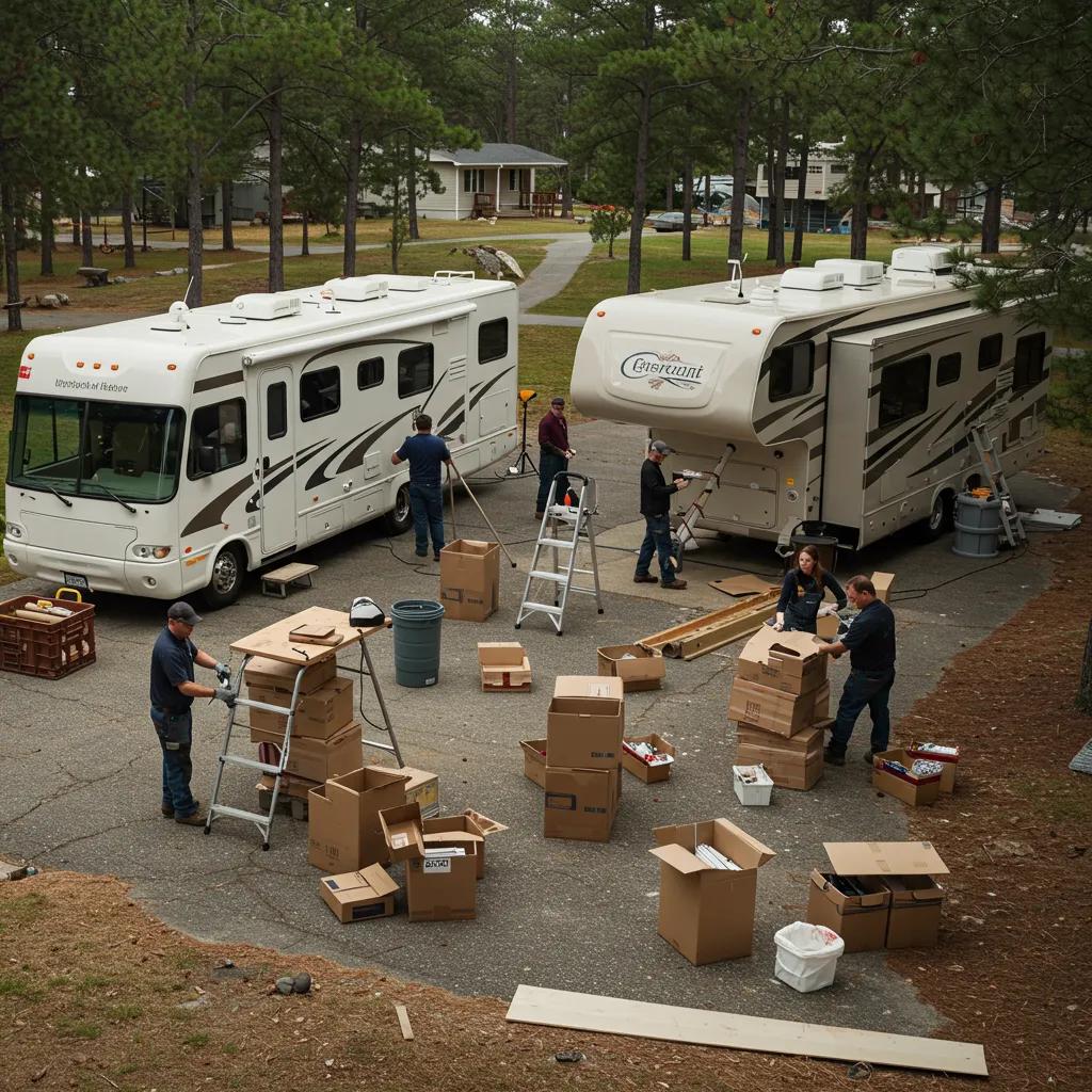 Team preparing an RV resort for sale, showcasing maintenance and organization efforts