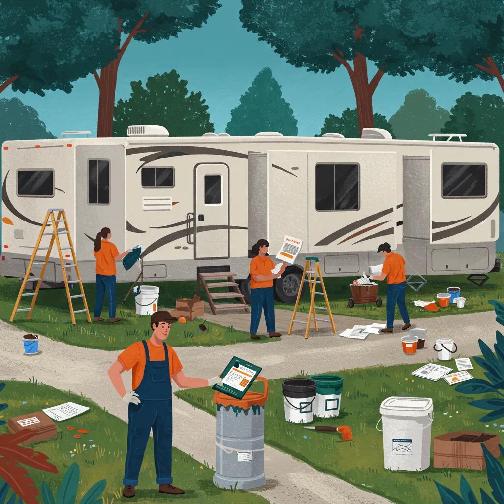 Team preparing an RV resort for sale with maintenance and landscaping activities