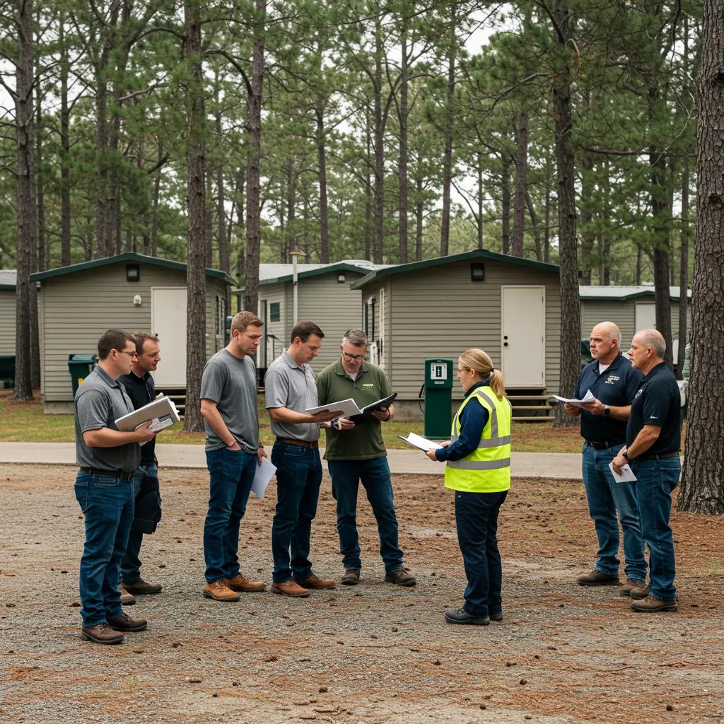 Team preparing campground for sale, focusing on safety compliance and amenities inspection