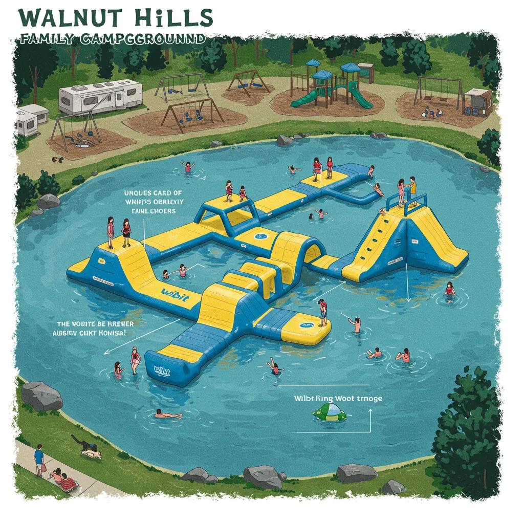 Unique amenities at Walnut Hills Family Campground including Wibit water park, playgrounds, and dog park