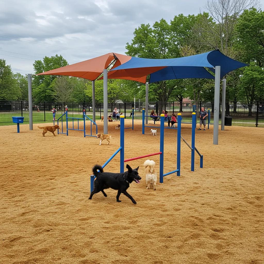Unique amenities in a Michigan dog park including agility equipment and shaded seating