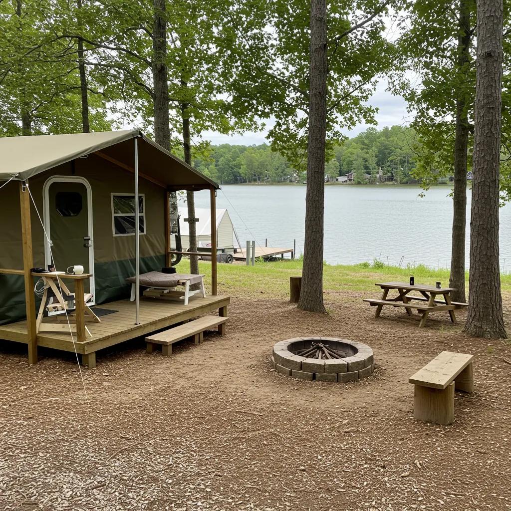 Unique campground features including glamping setup and lakeside view, enhancing guest experience