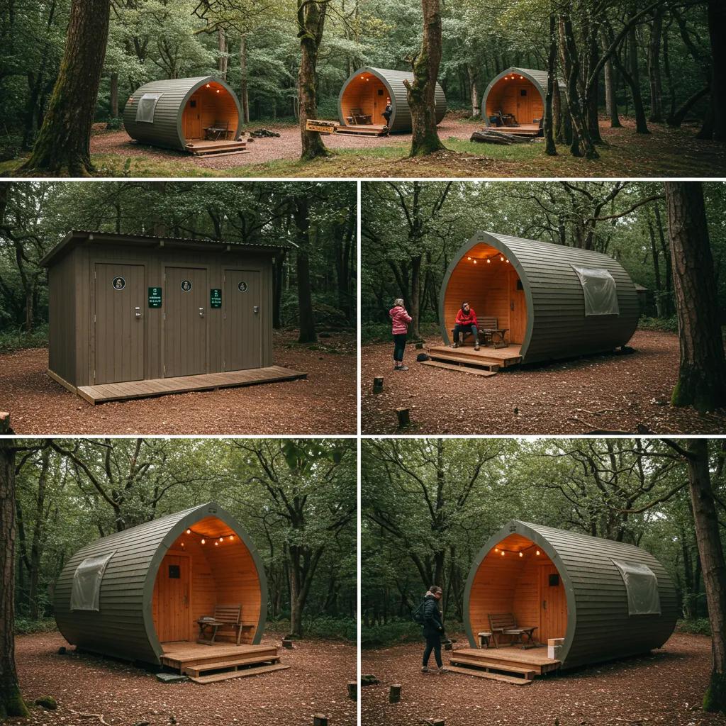 Upgraded campground amenities including heated restrooms and glamping pods, illustrating comfort and modernity in a natural setting