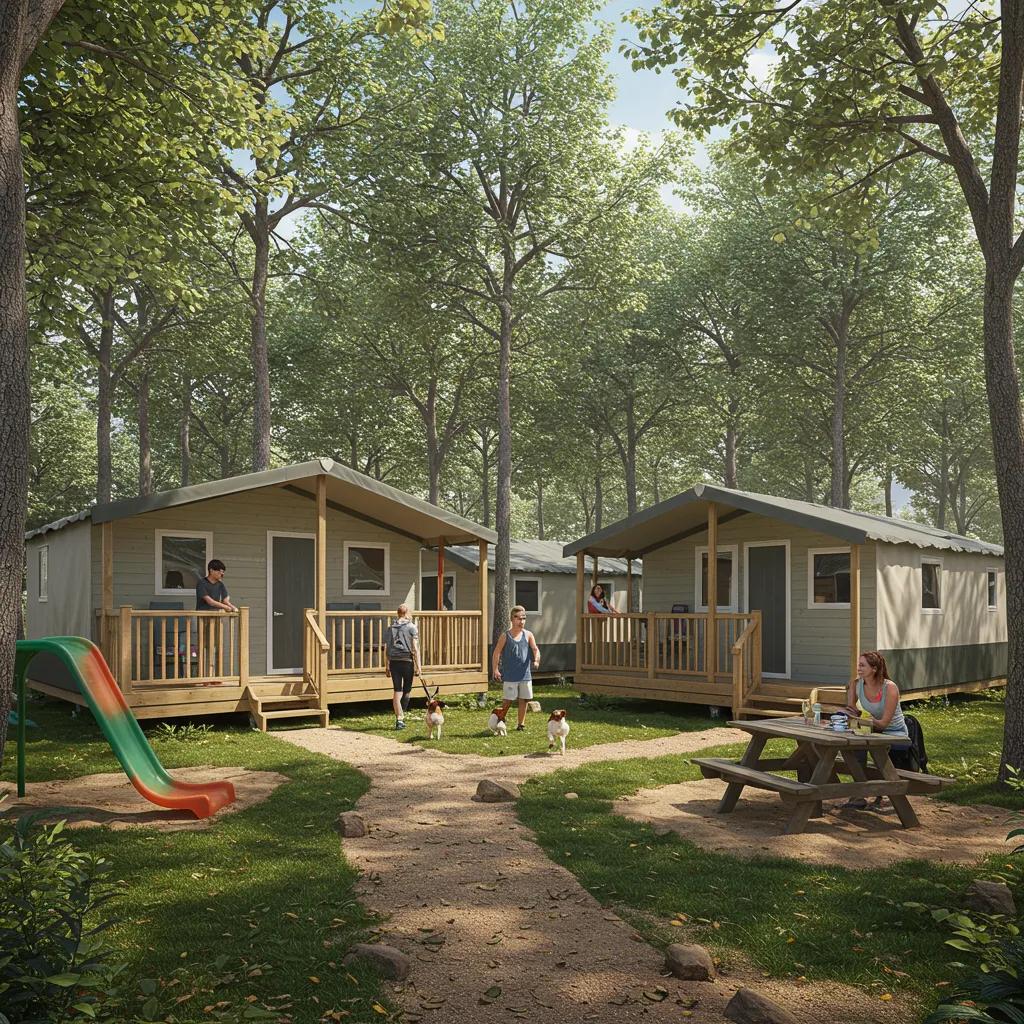 Upgraded campground amenities with guests enjoying glamping units and facilities