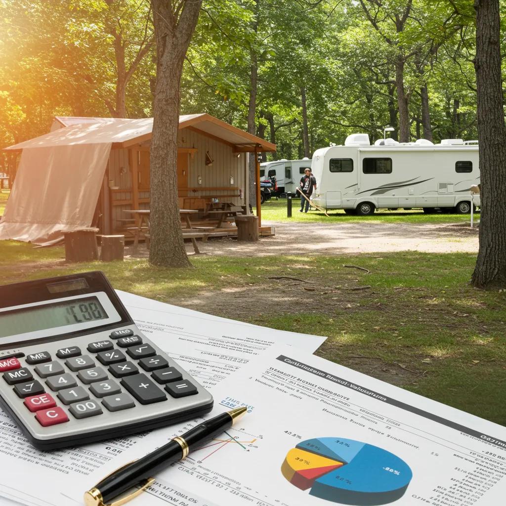 Valuation methods for campgrounds illustrated with financial documents and a scenic campground view, highlighting the valuation process