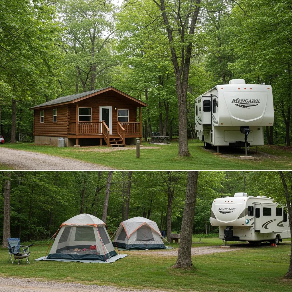 Various accommodation options for families at Michigan campgrounds including cabins, tents, and RVs