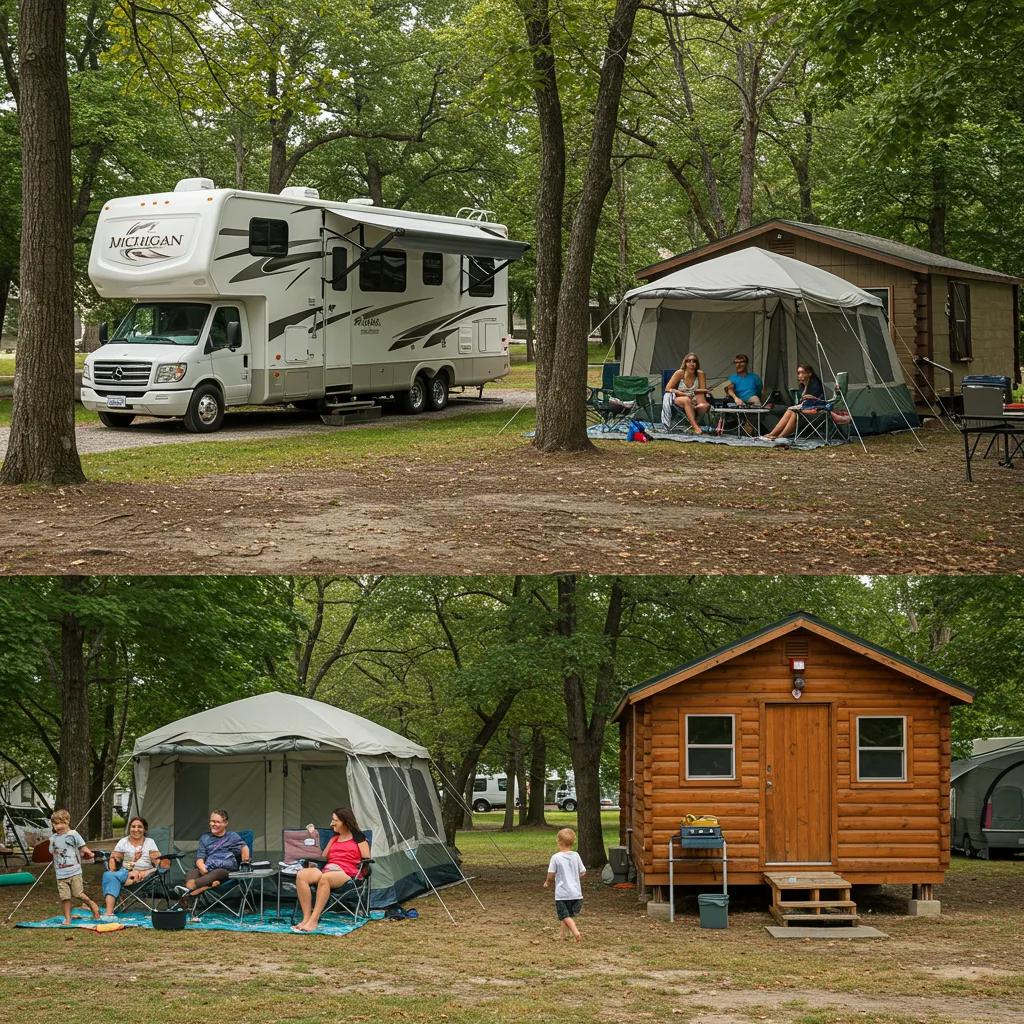 Various family accommodations at Michigan campgrounds, including RVs, tents, and cabins