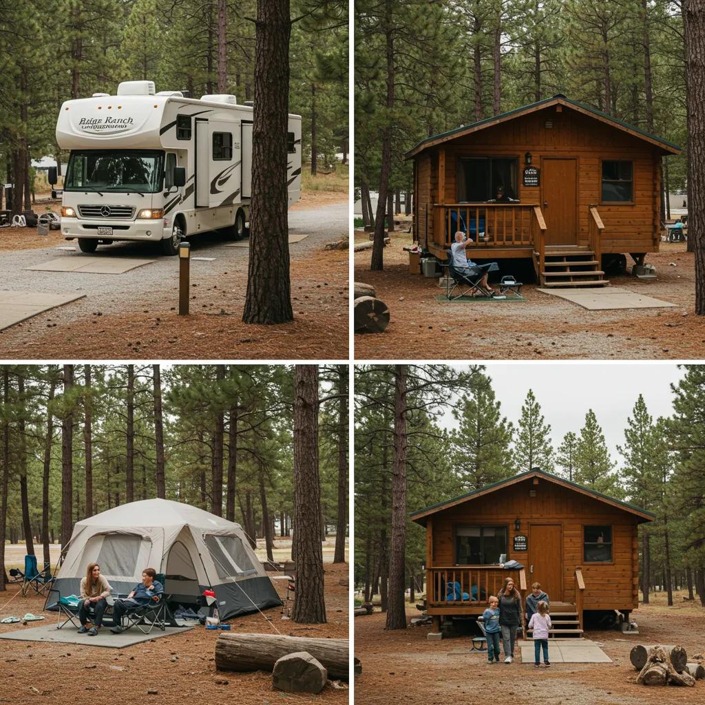 Various family accommodations at Ridge Ranch Campground, including RV sites, tents, and cabins