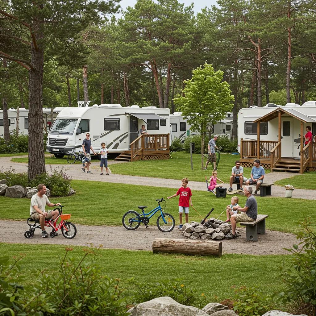Vibrant campground scene with families enjoying outdoor activities and well-maintained facilities