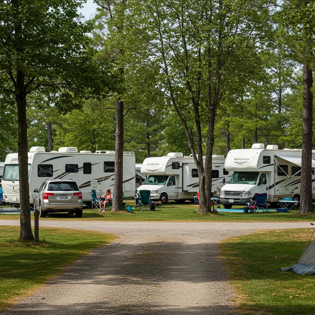 Vibrant campground scene with RVs and families enjoying outdoor hospitality