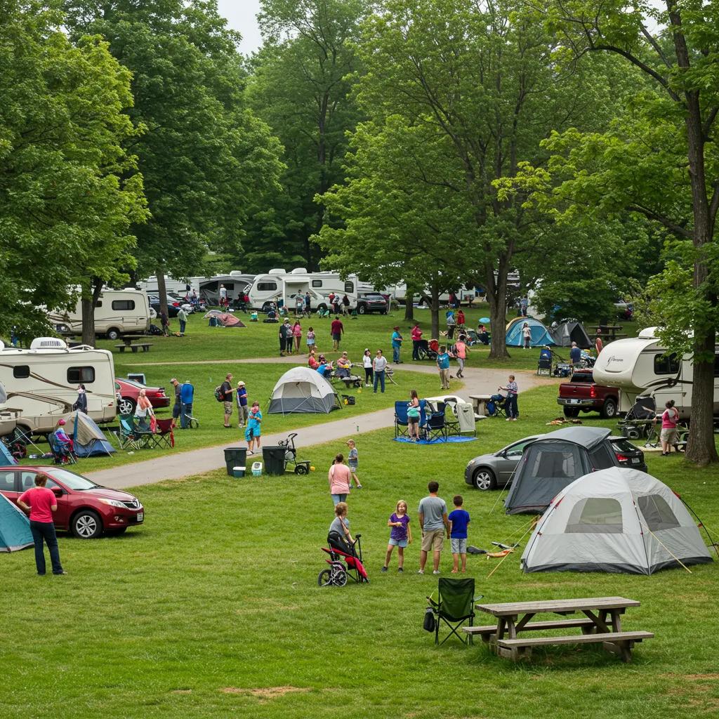 Vibrant Ohio state campground scene with families enjoying outdoor activities during peak season