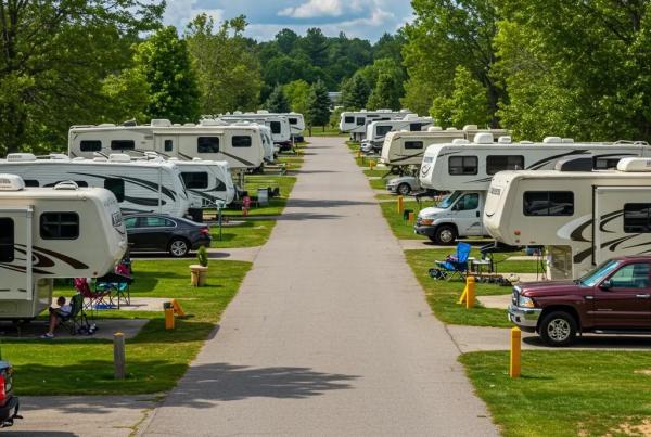 Vibrant RV park with colorful RVs and lush greenery, representing outdoor hospitality