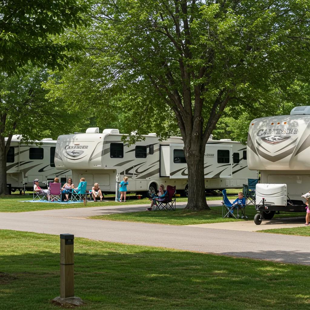 Vibrant RV park with families enjoying outdoor activities and well-maintained campsites