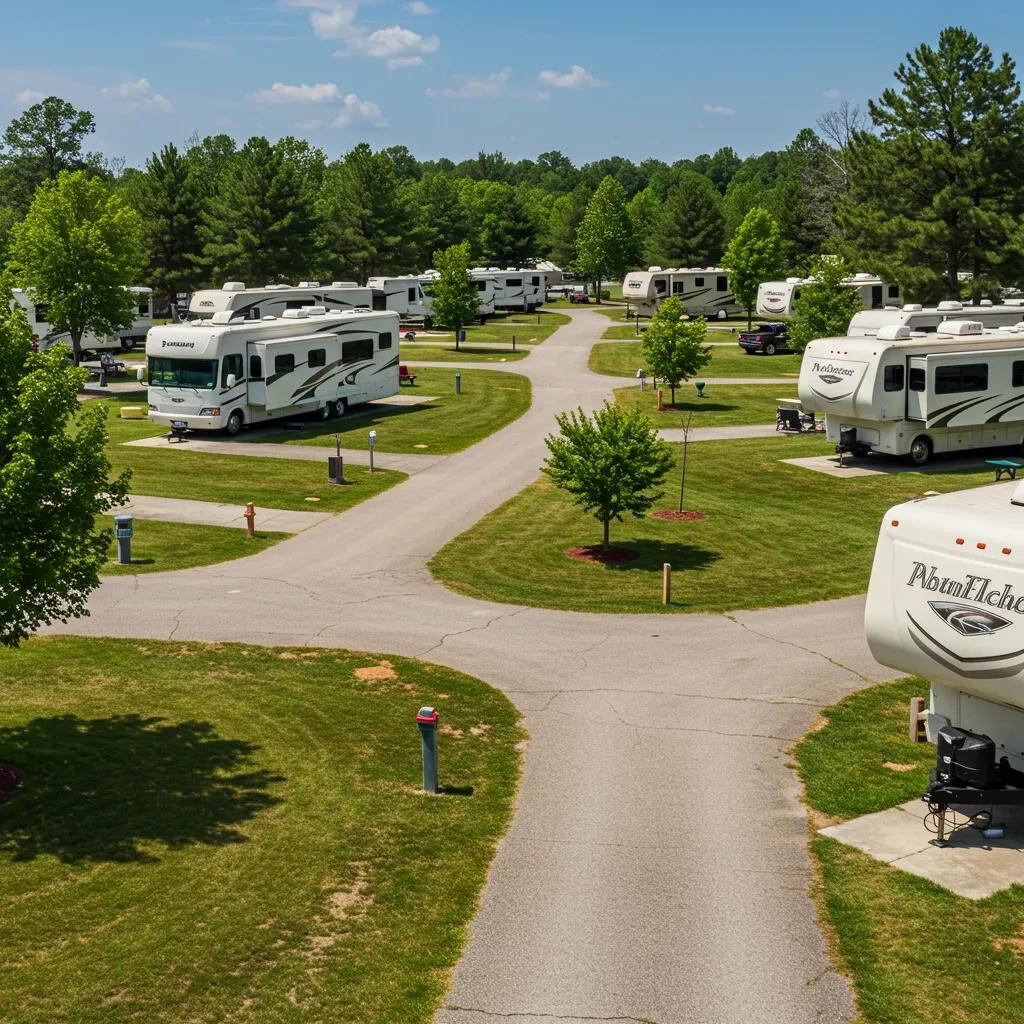 Vibrant RV park with full-hookup sites and lush greenery, representing outdoor hospitality