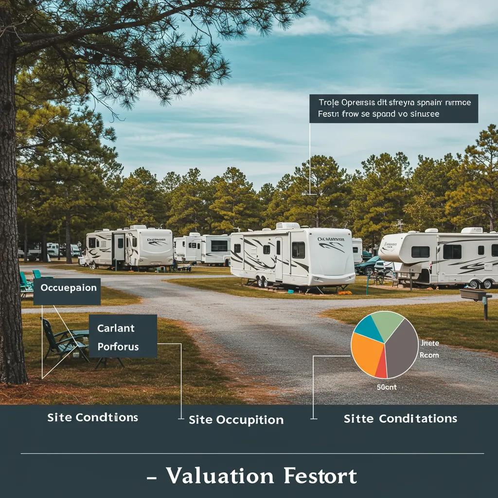 A visual guide to key valuation factors for RV resorts, emphasizing metrics like occupancy rates and site quality.