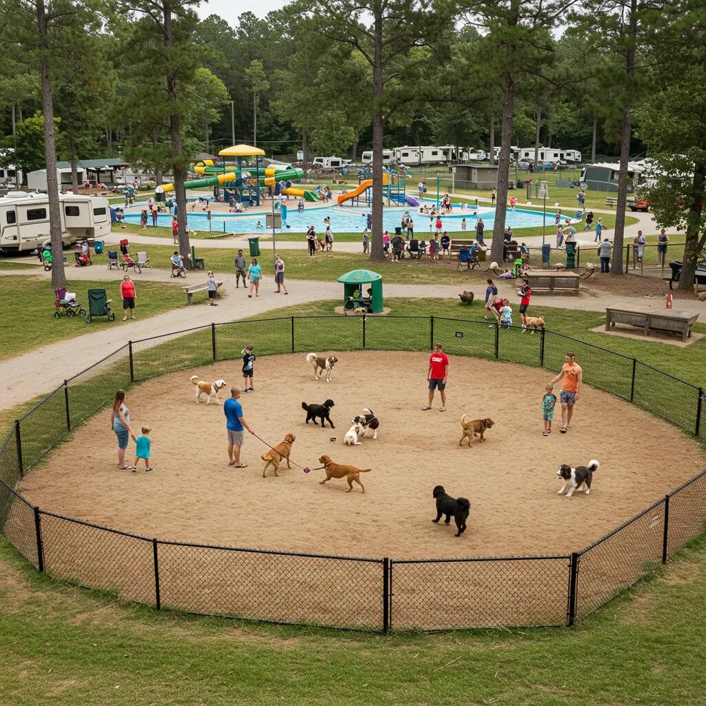 Walnut Hills Family Campground featuring a large dog park with dogs playing and families enjoying amenities