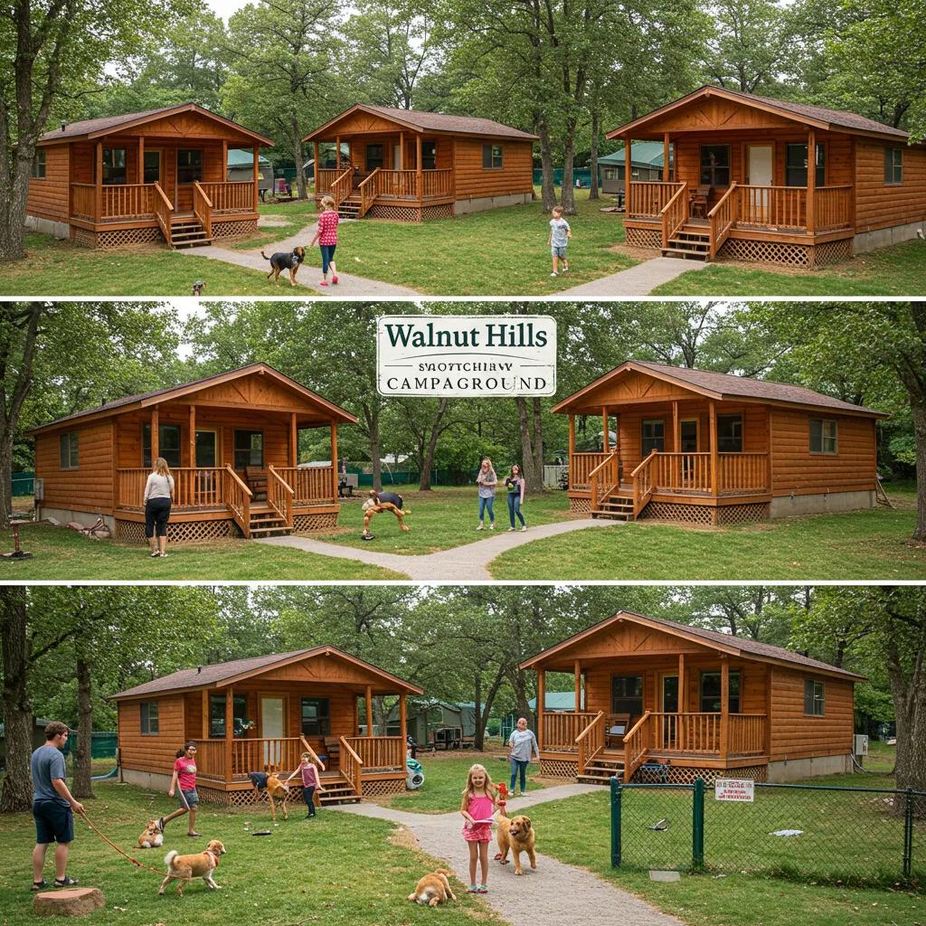 Walnut Hills Family Campground showcasing various cabin styles and families with pets enjoying outdoor activities