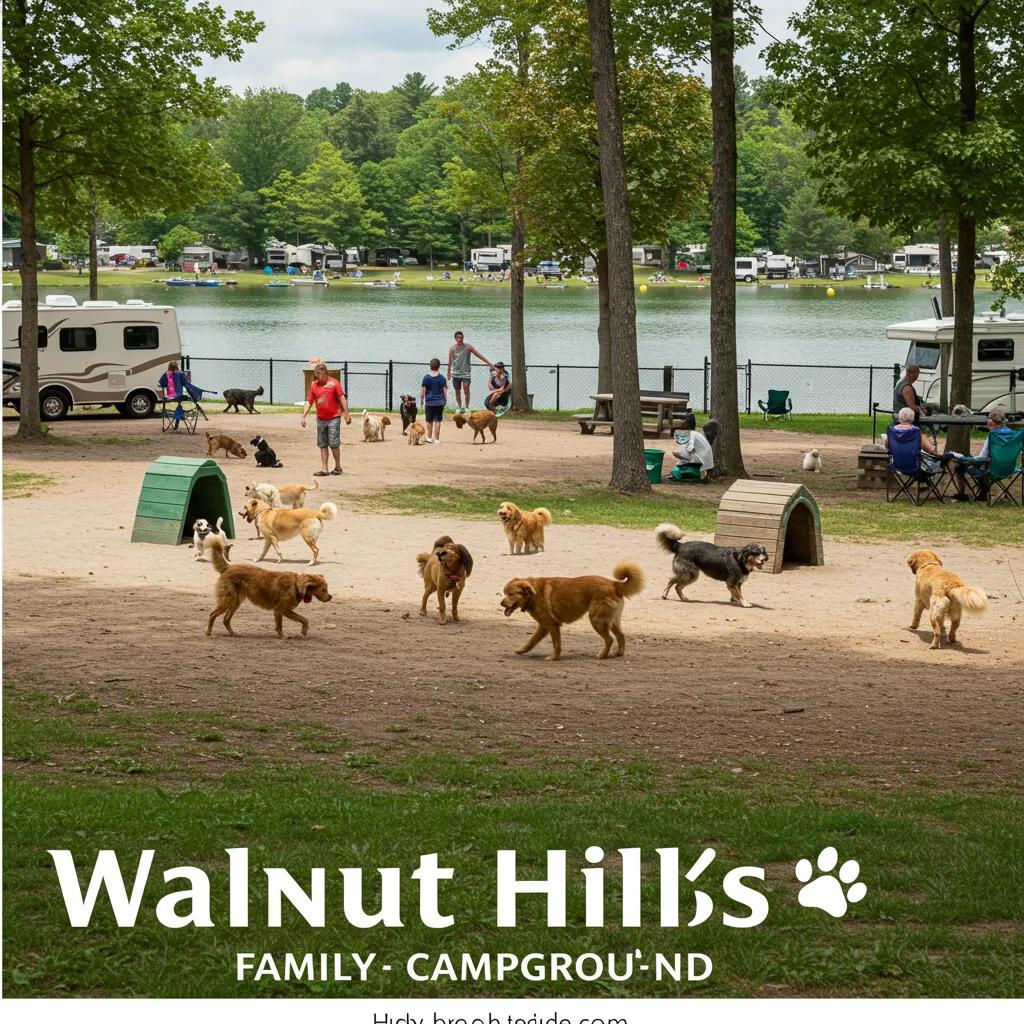 Walnut Hills Family Campground with a large dog park, highlighting pet-friendly amenities and outdoor recreation