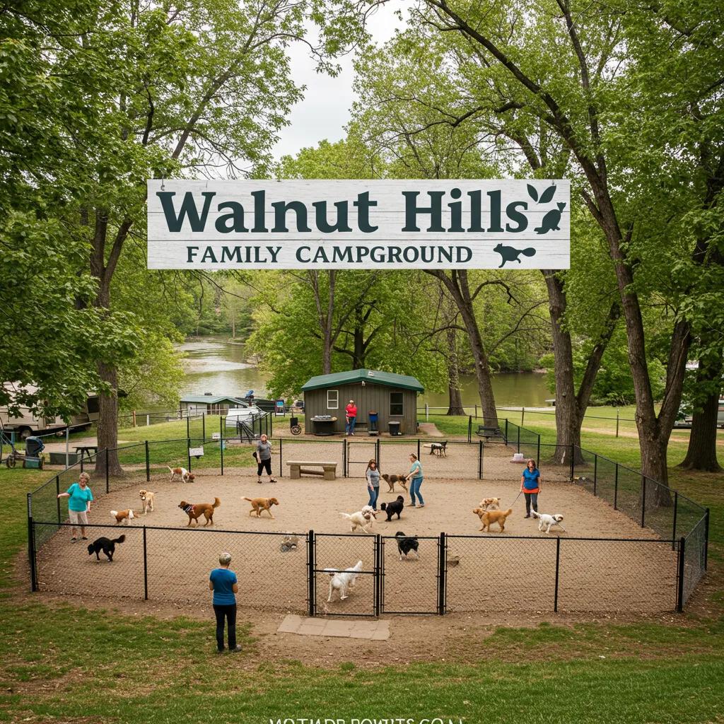 Walnut Hills Family Campground's large dog park with dogs playing and families enjoying the outdoor space