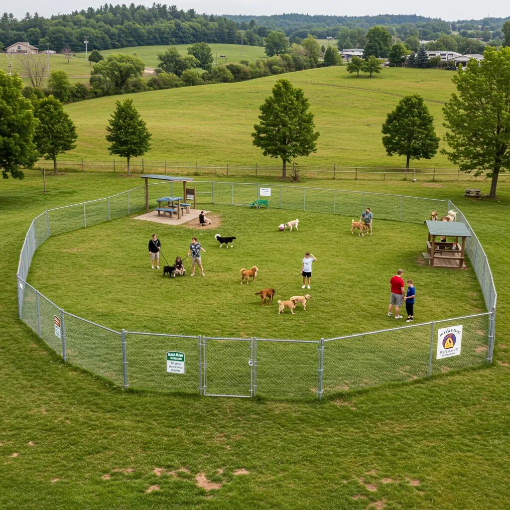 Walnut Hills Family Campground's large fenced dog park with families and dogs enjoying the space