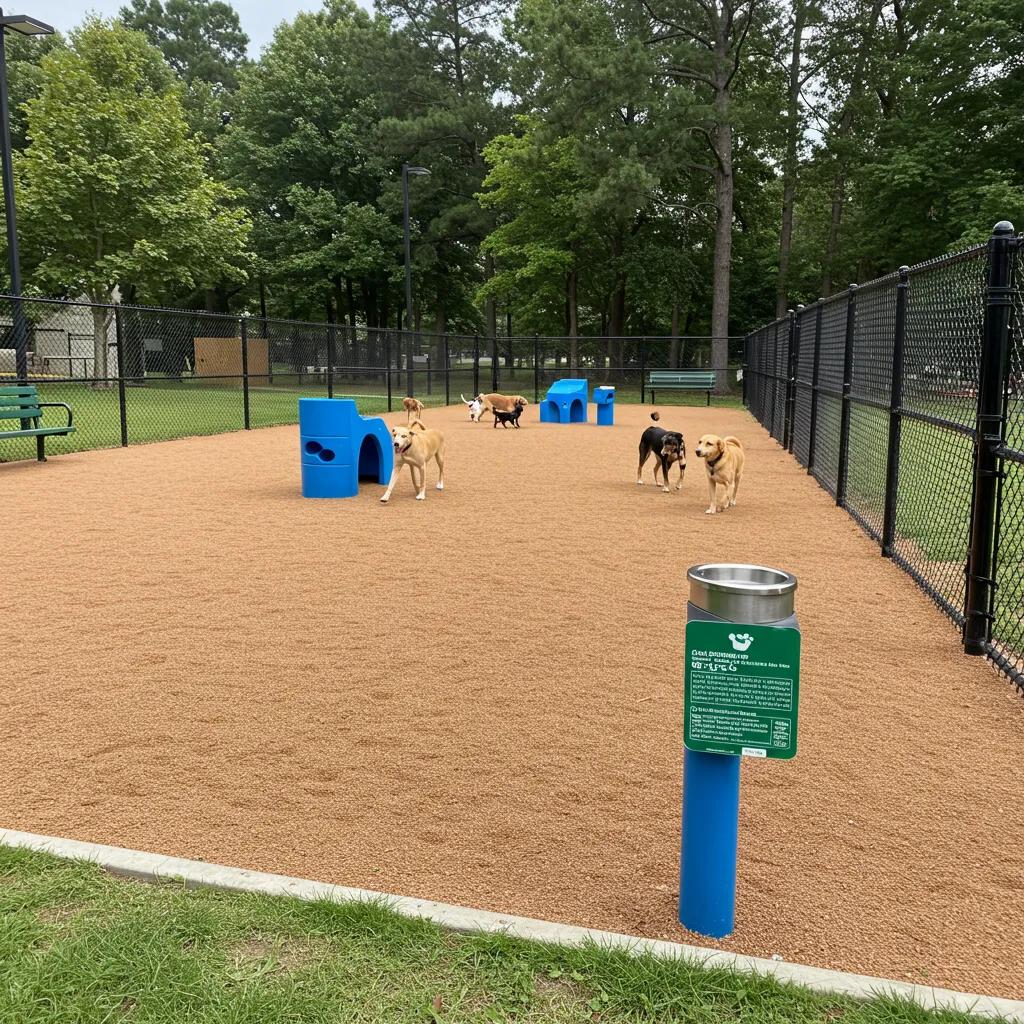 Well-equipped dog park in Michigan with fenced areas, water stations, and dogs playing, showcasing pet-friendly amenities