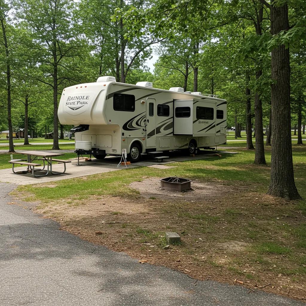 A well-equipped RV campsite in an Ohio State Park, complete with full hookups, showcasing family-friendly camping amenities