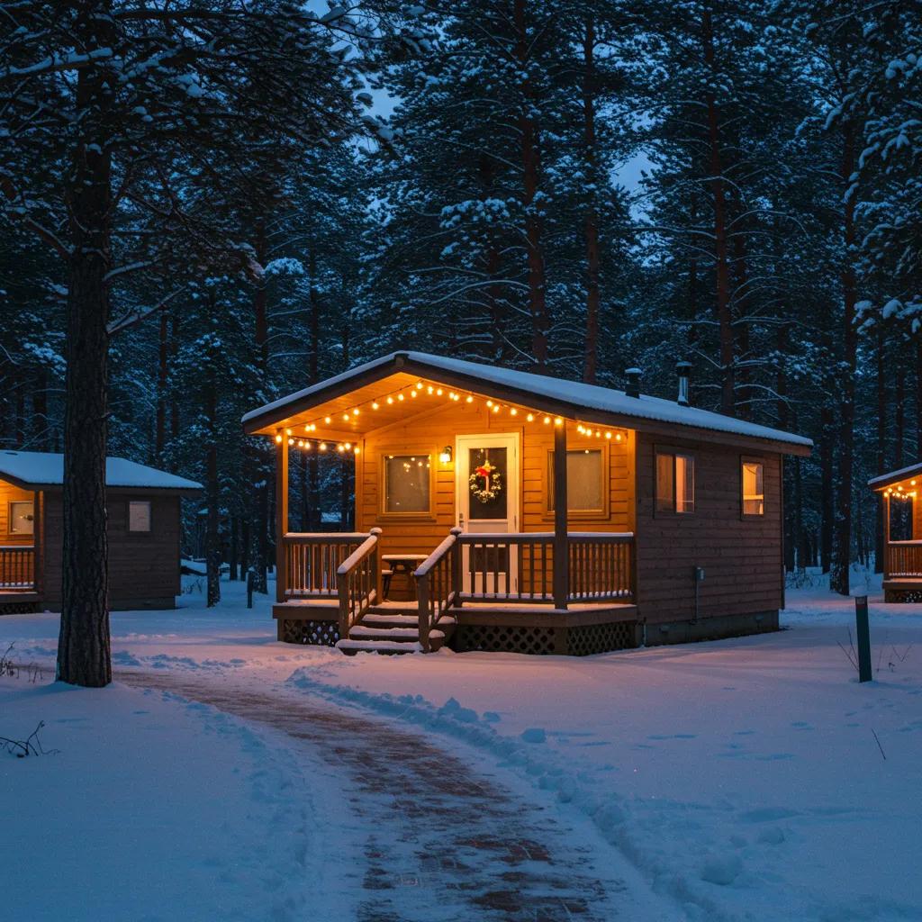 Winterized cabin at a campground showcasing off-season appeal with snow-covered surroundings