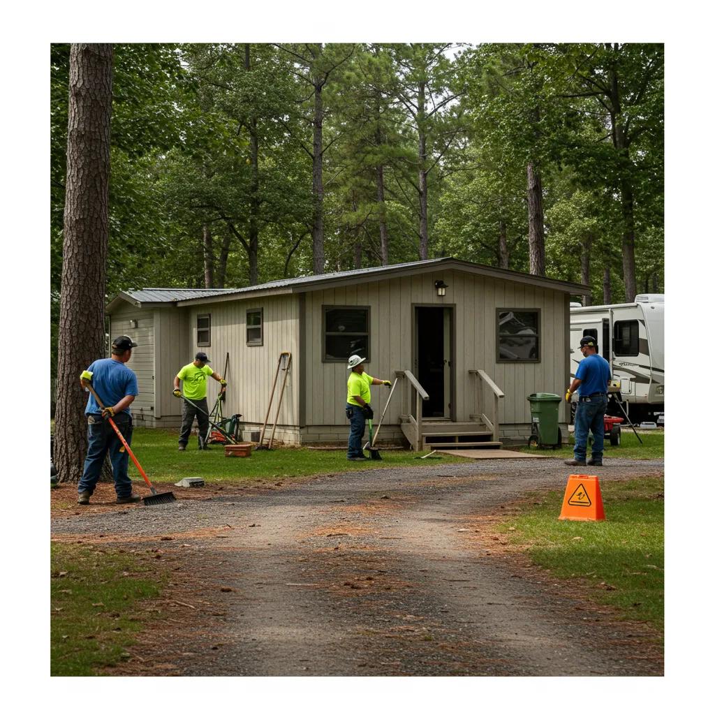 Workers improving a campground by repairing facilities and landscaping