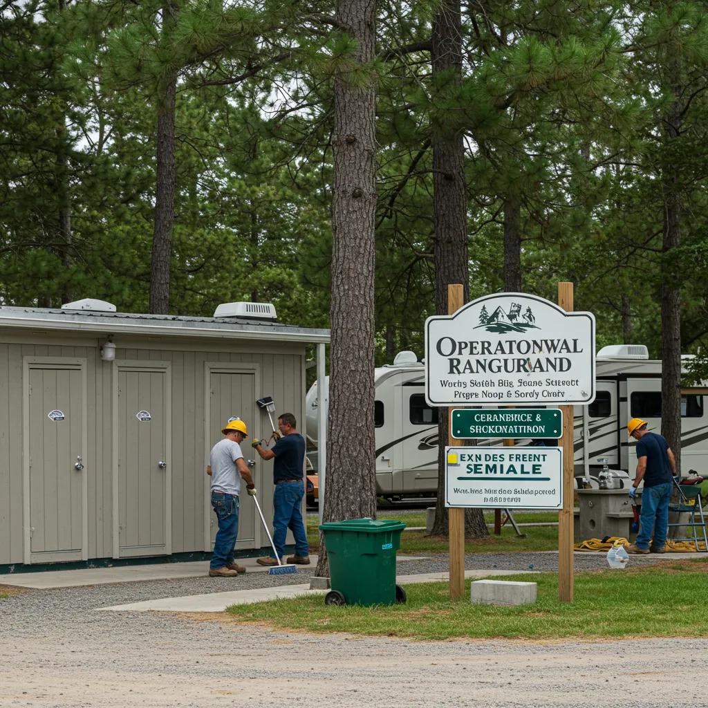 Workers maintaining a campground, emphasizing the importance of preparation for a quick sale.