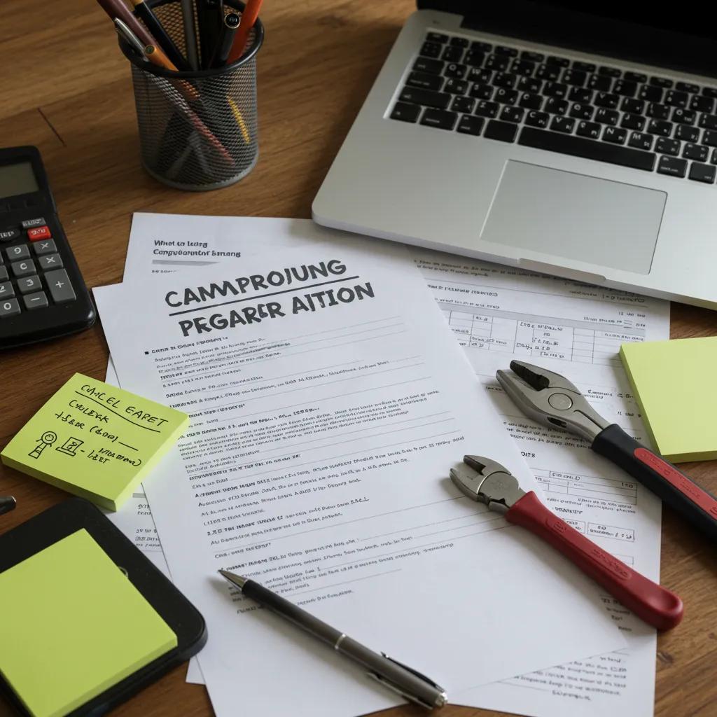 Workspace with a checklist and tools for preparing a campground for sale, emphasizing organization and readiness